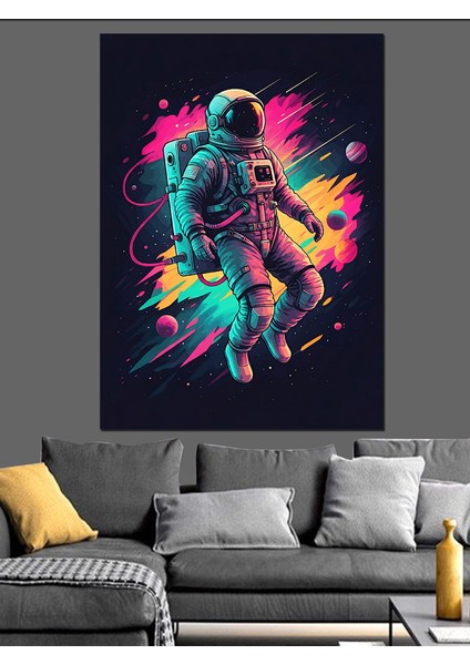 Neon Astronot Dekoratif Kanvas - Mdf Ahşap Tablo