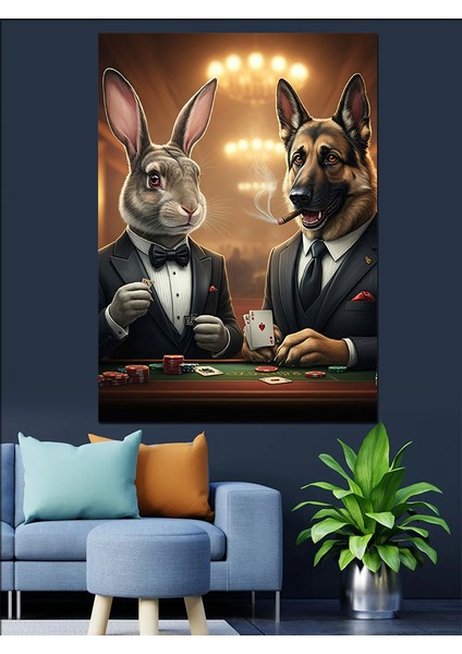 Poker Oyuncusu Hayvanlar Dekoratif Kanvas - Mdf Ahşap Tablo