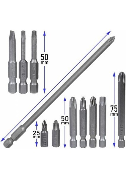 11'li Bits Uç Seti Vidalama Uçları Düz Yıldız Torx