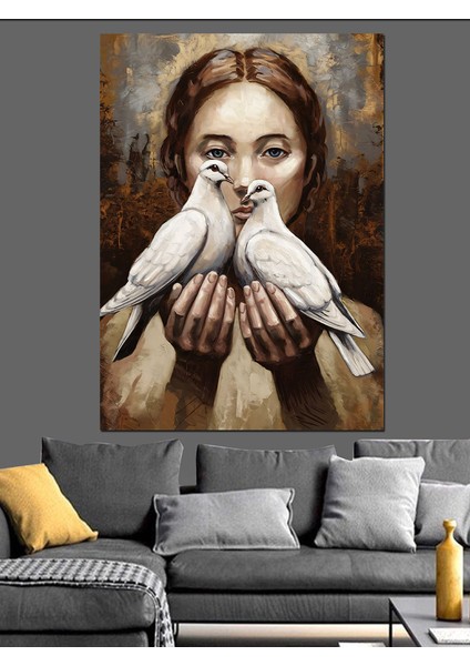 Güvercin Tutan Kadın Dekoratif Kanvas - Mdf Ahşap Tablo