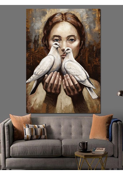 Güvercin Tutan Kadın Dekoratif Kanvas - Mdf Ahşap Tablo fiyatları