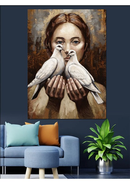 Güvercin Tutan Kadın Dekoratif Kanvas - Mdf Ahşap Tablo modelleri