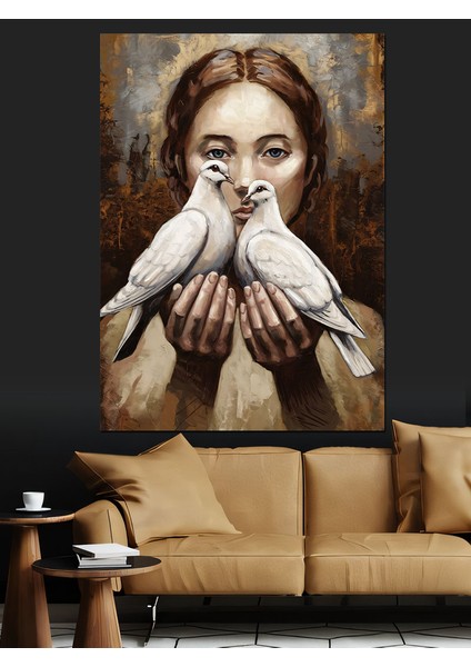 Güvercin Tutan Kadın Dekoratif Kanvas - Mdf Ahşap Tablo fırsatları