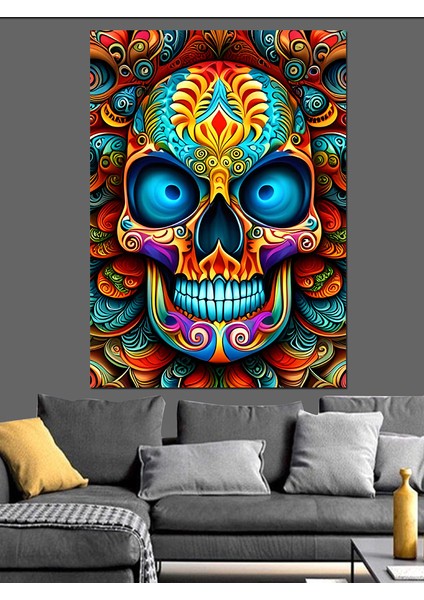Renkli Kafatası Dekoratif Kanvas - Mdf Ahşap Tablo