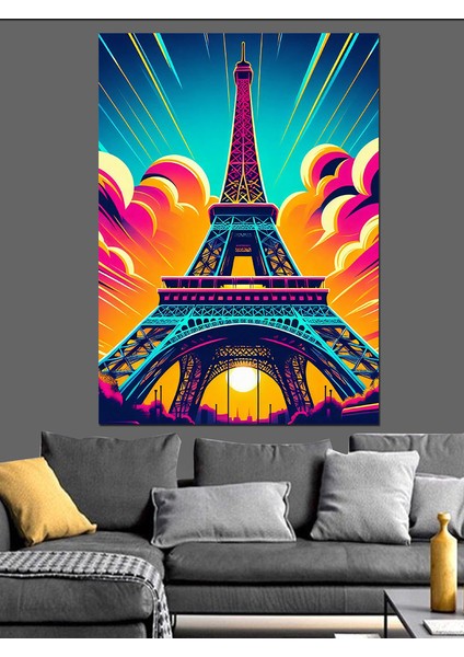 Neon Eyfel Kulesi Dekoratif Kanvas - Mdf Ahşap Tablo