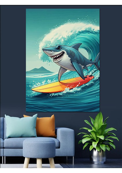 Sörfçü Köpekbalığı Dekoratif Kanvas - Mdf Ahşap Tablo