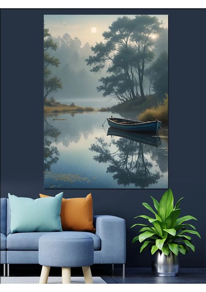Gölde Sessiz Bir Kayık Dekoratif Kanvas - Mdf Ahşap Tablo fırsatları
