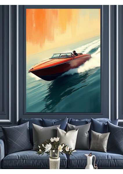Hızlı Kırmızı Sürat Teknesi Dekoratif Kanvas - Mdf Ahşap Tablo
