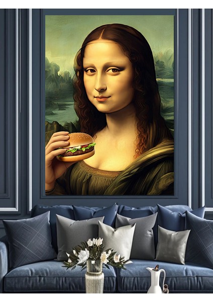 Hamburger Yiyen Mona Lisa Dekoratif Kanvas - Mdf Ahşap Tablo