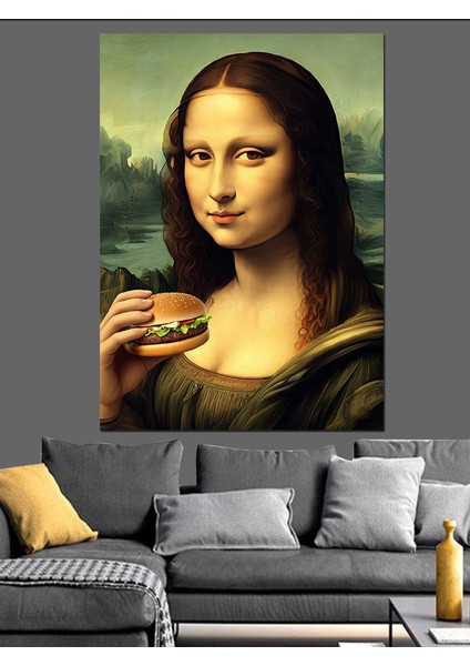 Hamburger Yiyen Mona Lisa Dekoratif Kanvas - Mdf Ahşap Tablo fiyatları