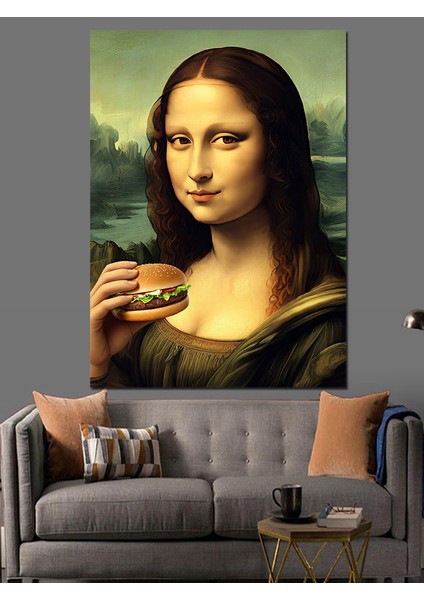 Hamburger Yiyen Mona Lisa Dekoratif Kanvas - Mdf Ahşap Tablo modelleri
