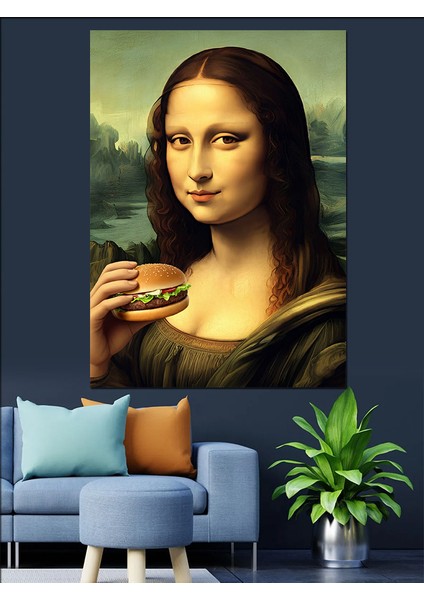 Hamburger Yiyen Mona Lisa Dekoratif Kanvas - Mdf Ahşap Tablo fırsatları