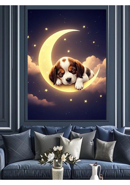 Ay ve Uyuyan Köpek Dekoratif Kanvas - Mdf Ahşap Tablo