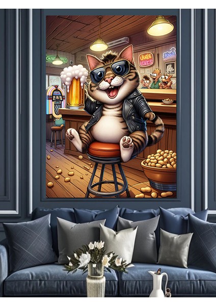 Bar Kedisi Dekoratif Kanvas - Mdf Ahşap Tablo