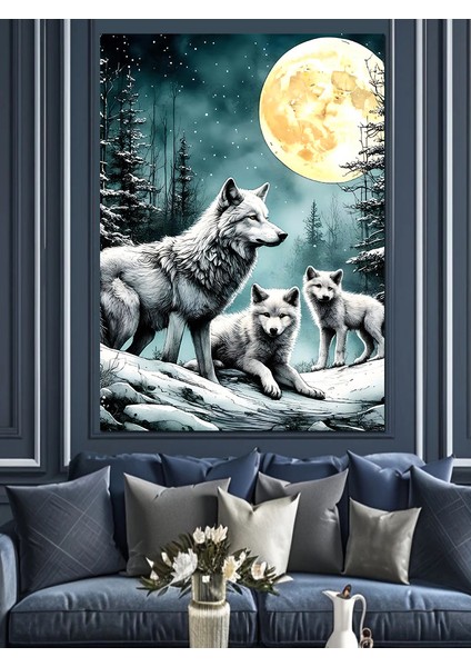 Dolunayda Kurtlar Dekoratif Kanvas - Mdf Ahşap Tablo