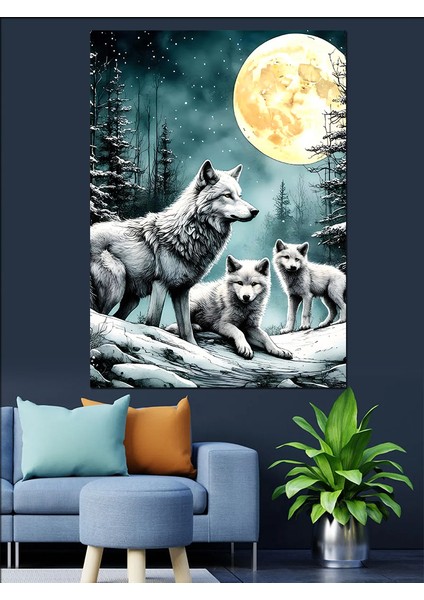 Dolunayda Kurtlar Dekoratif Kanvas - Mdf Ahşap Tablo fırsatları