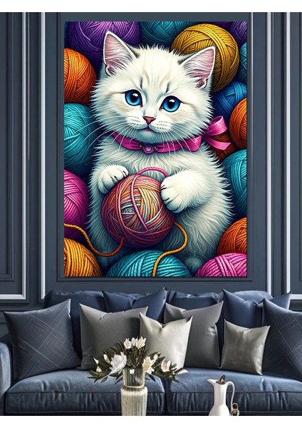 Yün Topu Ile Oynayan Kedi Dekoratif Kanvas - Mdf Ahşap Tablo