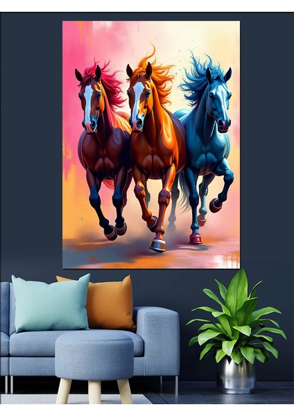Koşan Üç At Dekoratif Kanvas - Mdf Ahşap Tablo modelleri