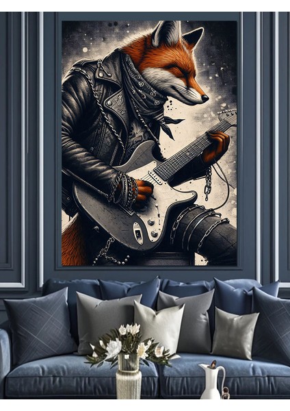 Gitar Çalan Tilki Dekoratif Kanvas - Mdf Ahşap Tablo