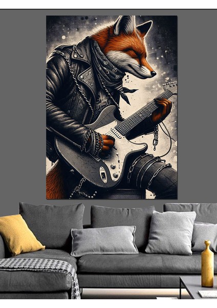 Gitar Çalan Tilki Dekoratif Kanvas - Mdf Ahşap Tablo