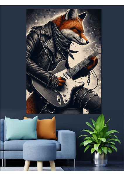 Gitar Çalan Tilki Dekoratif Kanvas - Mdf Ahşap Tablo