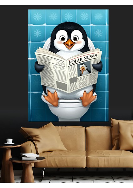 Gazete Okuyan Penguen Dekoratif Kanvas - Mdf Ahşap Tablo