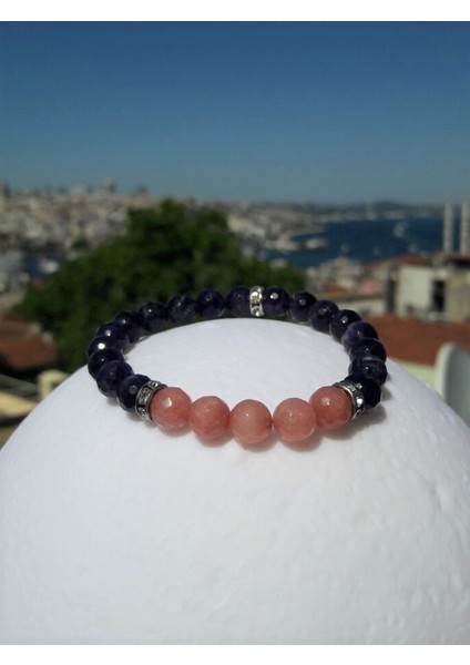 Mor Ametist Pembe Ceyt Doğal Taş Bileklik