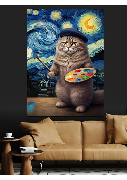 Ressam Kedi Dekoratif Kanvas - Mdf Ahşap Tablo