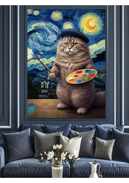 Ressam Kedi Dekoratif Kanvas - Mdf Ahşap Tablo fiyatları