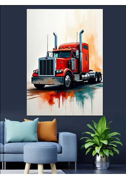 Kırmızı Tır Çizimi Dekoratif Kanvas - Mdf Ahşap Tablo