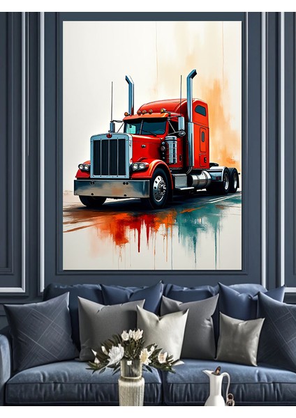 Kırmızı Tır Çizimi Dekoratif Kanvas - Mdf Ahşap Tablo modelleri