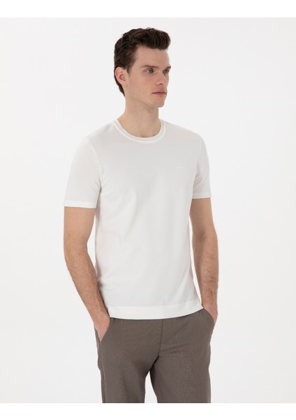 Erkek Ekru Slim Fit Bisiklet Yaka Triko Tişört 50306131-VR019