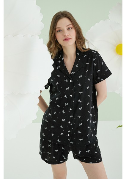 Siyah Bow Önden Düğmeli Şortlu Pijama Takımıı