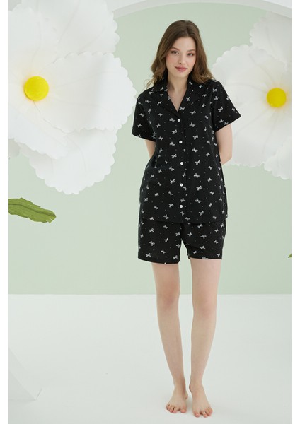 Siyah Bow Önden Düğmeli Şortlu Pijama Takımıı