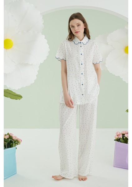 Mavi Puantiyeli Önden Düğmeli Pijama Takımı