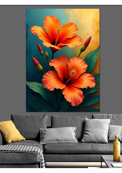 Turuncu Hibiskus Çiçeği Dekoratif Kanvas - Mdf Ahşap Tablo