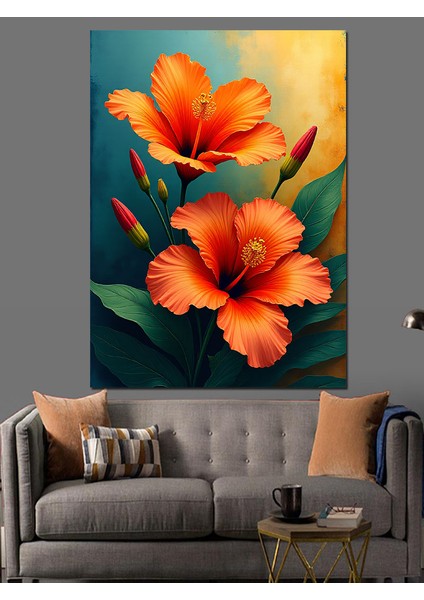 Turuncu Hibiskus Çiçeği Dekoratif Kanvas - Mdf Ahşap Tablo fiyatları
