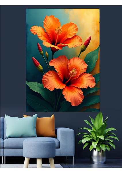 Turuncu Hibiskus Çiçeği Dekoratif Kanvas - Mdf Ahşap Tablo modelleri