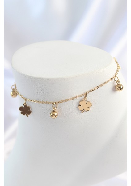 316L Çelik Gold Renk Sallantı Topçuk Yonca Model Kadın Halhal - TJ-HH1639