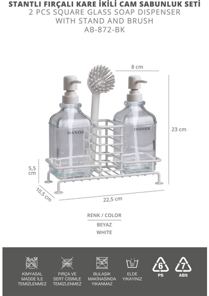 Beyaz Pompalı Fırçalı ve Standlı Ikili Kare Cam Sıvı Sabunluk 500ML