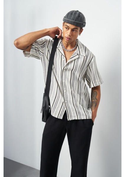 Çizgili Küba Yaka Oversize Erkek Gömlek
