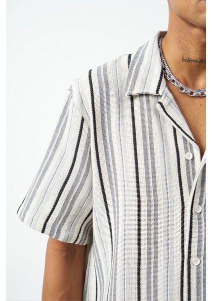 Çizgili Küba Yaka Oversize Erkek Gömlek indirimleri