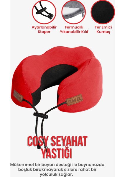 Cosy Ortopedik Seyahat Yastığı Visco Boyun Destekli Seyahat Yastığı - Kırmızı | Ergo Travel