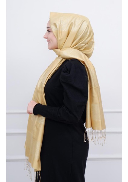 Simli Blok Ipek Şal 04088 Gold