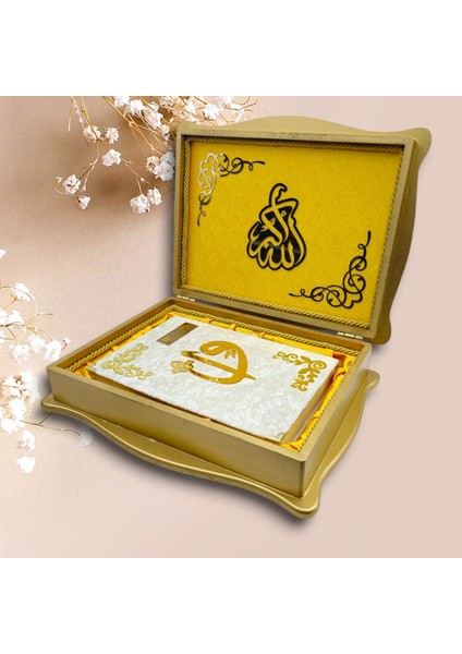 Gold Sandık Kabe Desen Ahşap Kutu Kuranı Kerim Seti