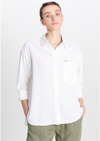 Relaxed Fit Geniş Kesim Keten Karışımlı Beyaz Gömlek