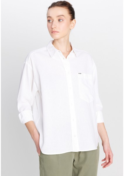 Relaxed Fit Geniş Kesim Keten Karışımlı Beyaz Gömlek fiyatları