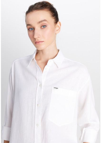 Relaxed Fit Geniş Kesim Keten Karışımlı Beyaz Gömlek fırsatları
