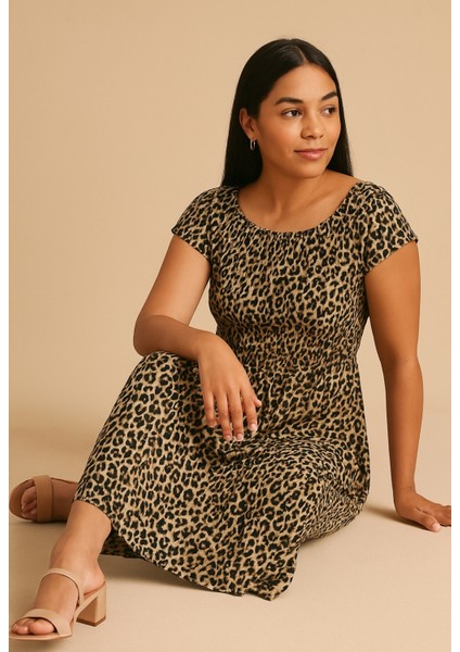 Leopar Desenli Gipeli Elbise (Açık Omuz Kullanılabilir)