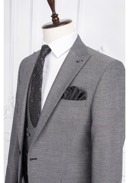 Erkek Slim Fit Sivri Yaka Gri Yelekli Takım Elbise